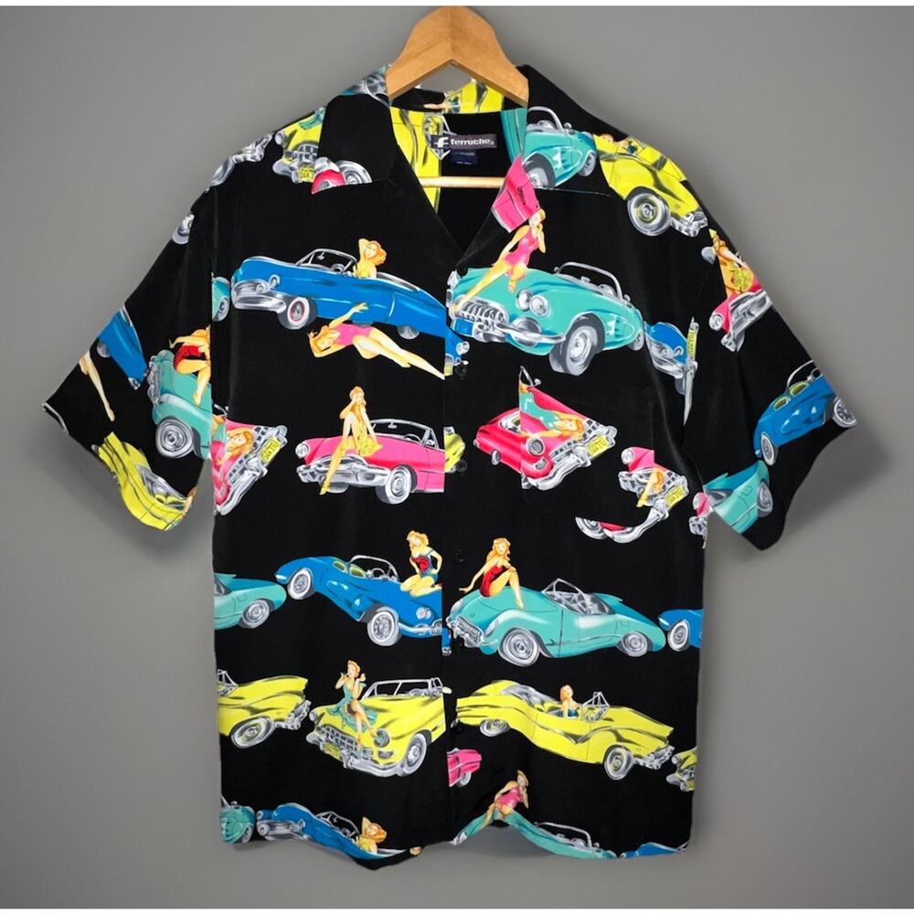 VTG 90s ferruche Hot Rod Car Print Pin Up Rockabilly Shirt Black Retro M Carshow